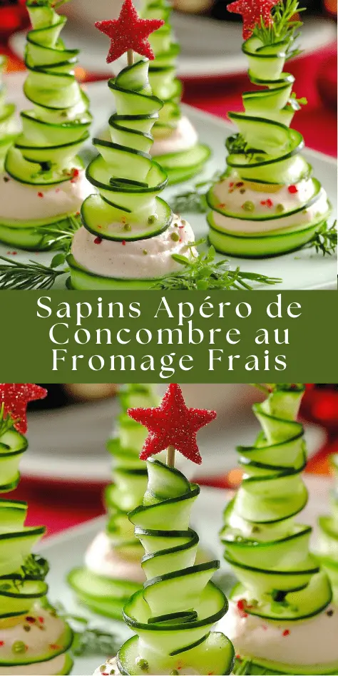 Petits sapins de concombre roulés en spirale sur base de fromage frais aux herbes, décorés d’étoiles rouges.