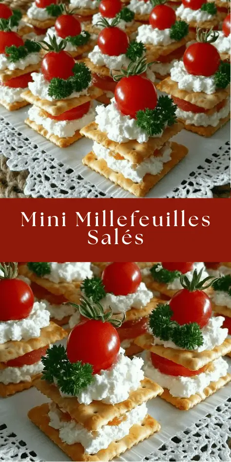 Mini millefeuilles salés composés de crackers croustillants, fromage frais et tomates cerises en décoration.