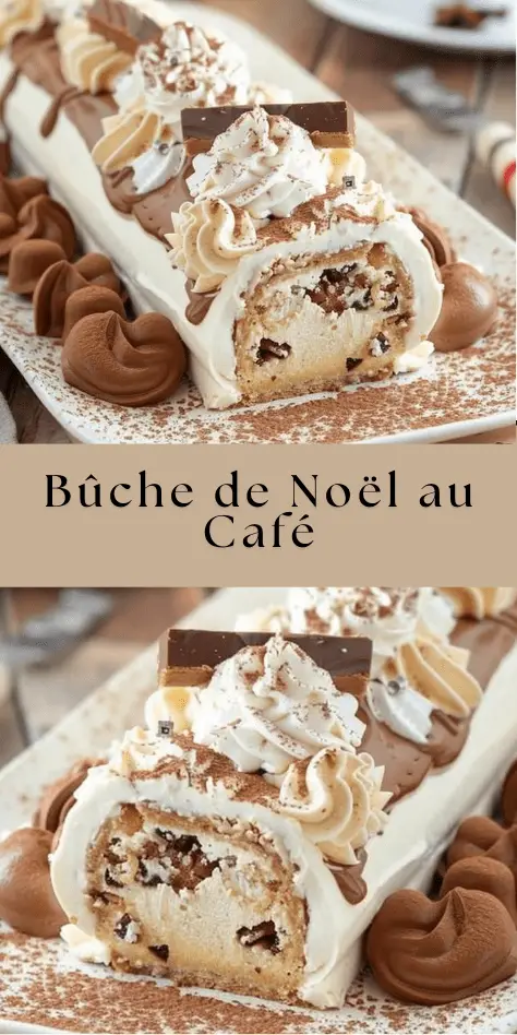Bûche de Noël au café décorée de cacao, grains de café et sucre glace, roulée et garnie de crème au café.