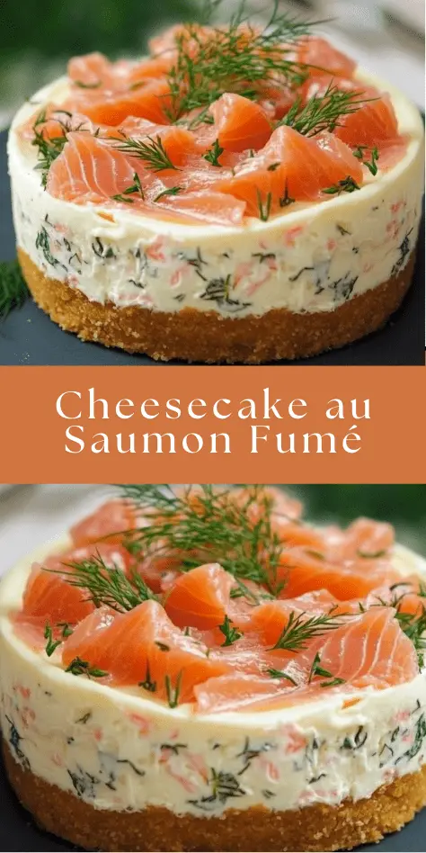Cheesecake au saumon fumé en portion individuelle, sur base de biscuits salés, décoré de saumon et ciboulette.