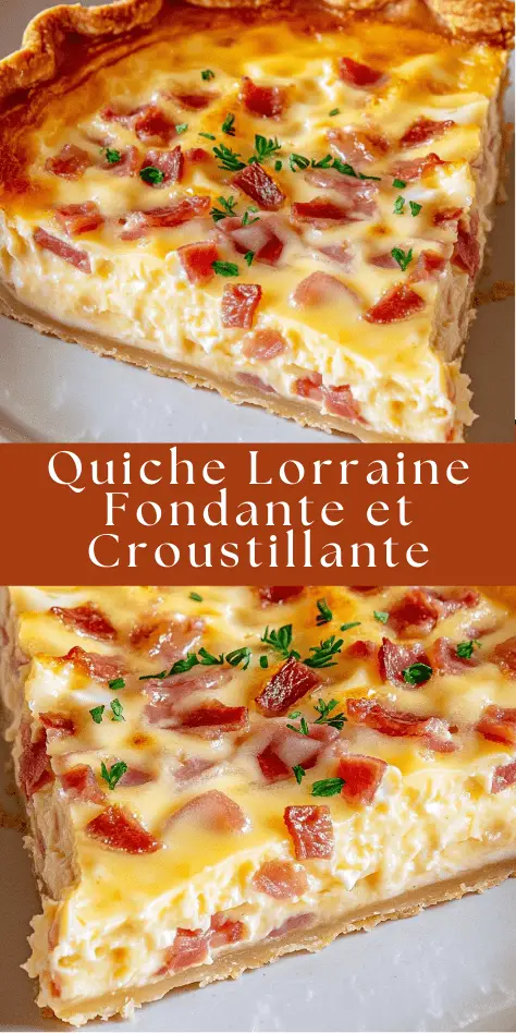 Quiche lorraine dorée avec lardons, appareil crémeux et pâte croustillante, servie tiède avec persil.