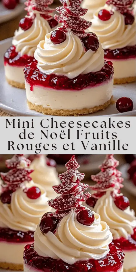 Mini cheesecakes individuels garnis de fruits rouges, chantilly vanille et décorations de Noël en chocolat.