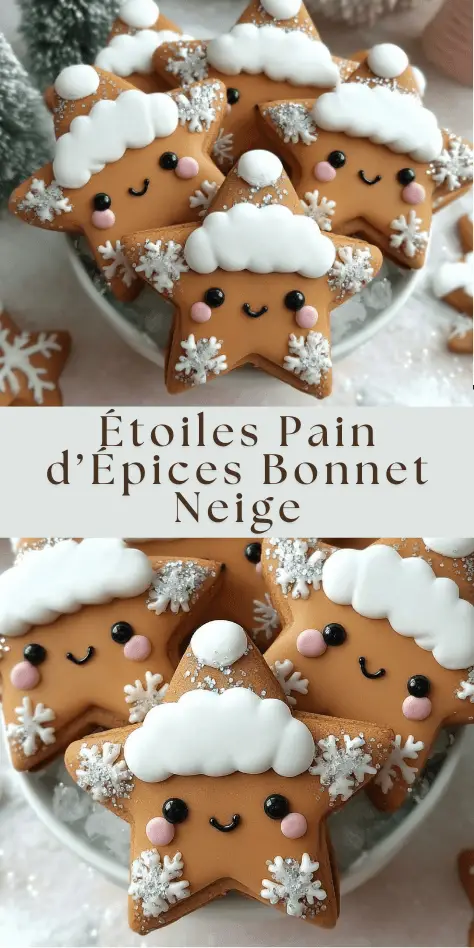 Biscuits étoiles au pain d’épices décorés de bonnets blancs, flocons et petits visages souriants.