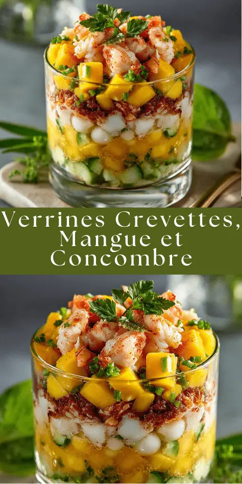 Verrines apéritives en couches avec crevettes, mangue, concombre, haricots blancs, yaourt et tomates séchées.
