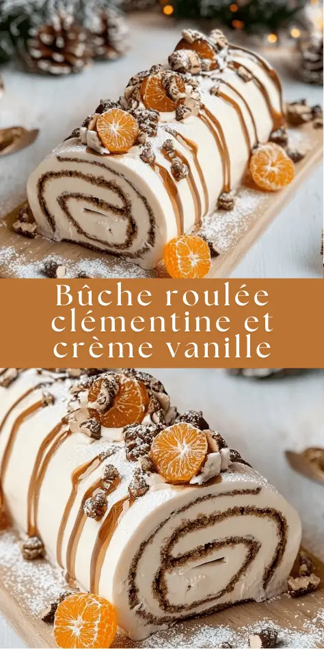 Bûche roulée décorée de clémentines fraîches et noix de pécan torréfiées.