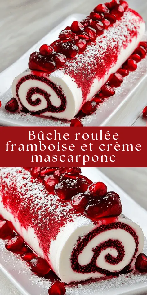 Bûche roulée framboise et mascarpone avec glaçage rose brillant.