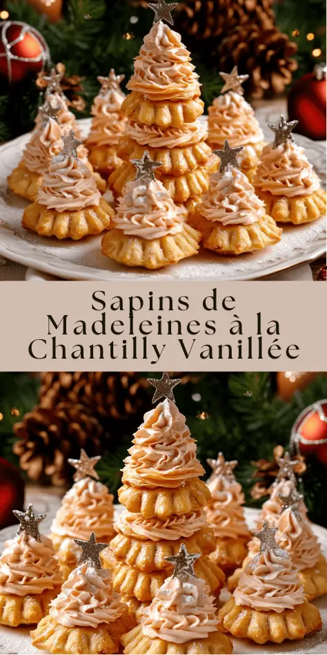 Sapins individuels montés en étages avec chantilly vanillée et étoile de sucre.
