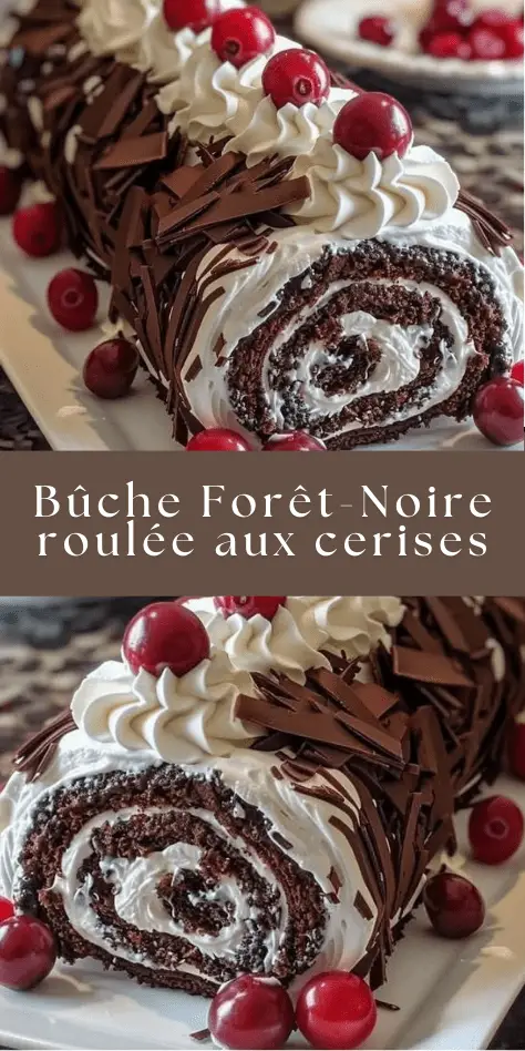 Bûche Forêt-Noire roulée au chocolat garnie de chantilly et de cerises.