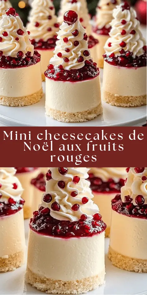 Mini cheesecakes de Noël aux fruits rouges présentés en dessert individuel.