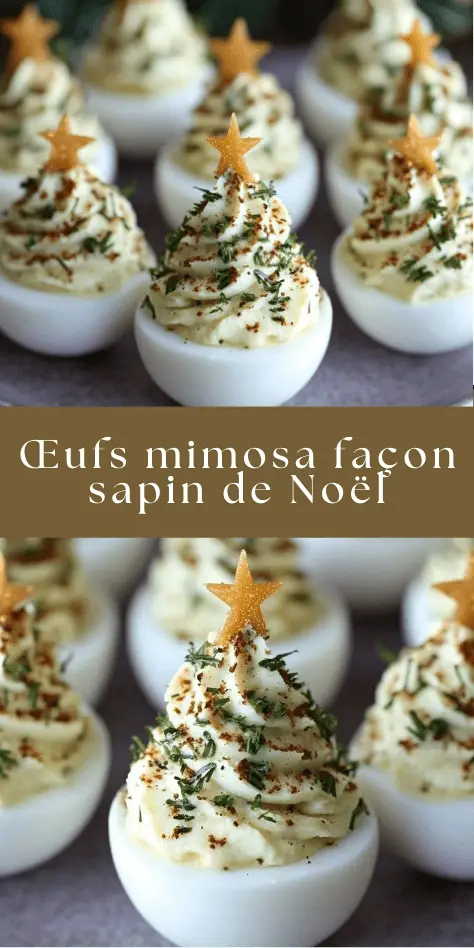 Œufs mimosa dressés en forme de sapin de Noël sur un plat festif.