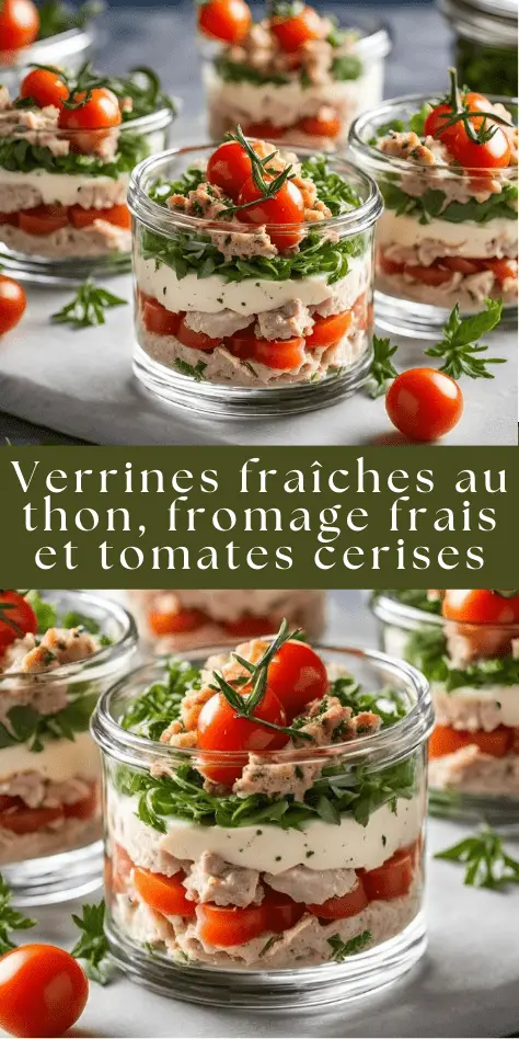 Verrines au thon, fromage frais et tomates cerises fraîches.
