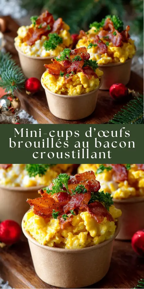 Mini-cups d’œufs brouillés crémeux garnis de bacon croustillant servis en verrines pour un brunch ou un apéritif gourmand.