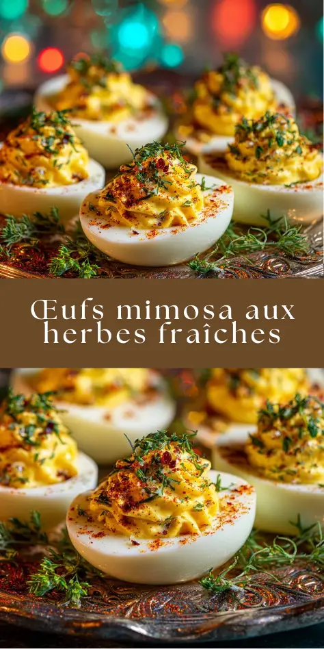 Œufs mimosa aux herbes fraîches garnis de ciboulette et d’aneth, servis en entrée élégante ou en apéritif gourmand.
