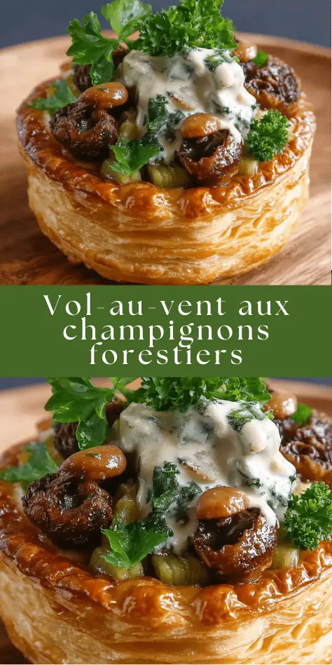 Vol-au-vent feuilleté garni de champignons forestiers crémeux aux herbes fraîches, servi chaud pour une entrée festive et élégante.