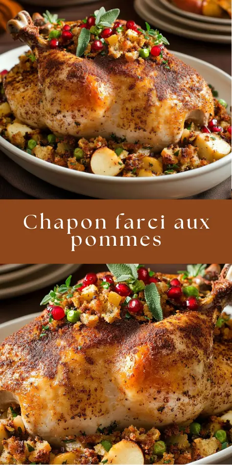 Chapon rôti farci aux pommes, sauge et pain d’épices, doré au four et servi avec sa farce gourmande pour un repas de fête.