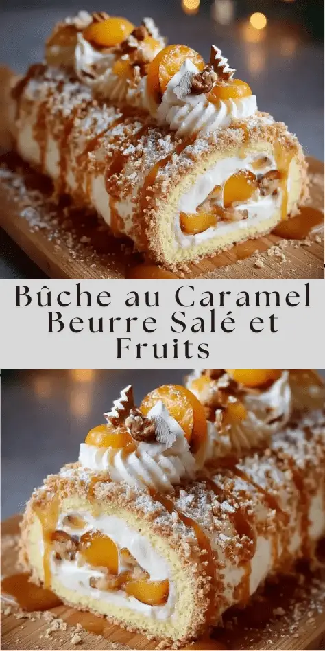 Bûche au chocolat nappée de caramel beurre salé et décorée de fruits rouges frais.