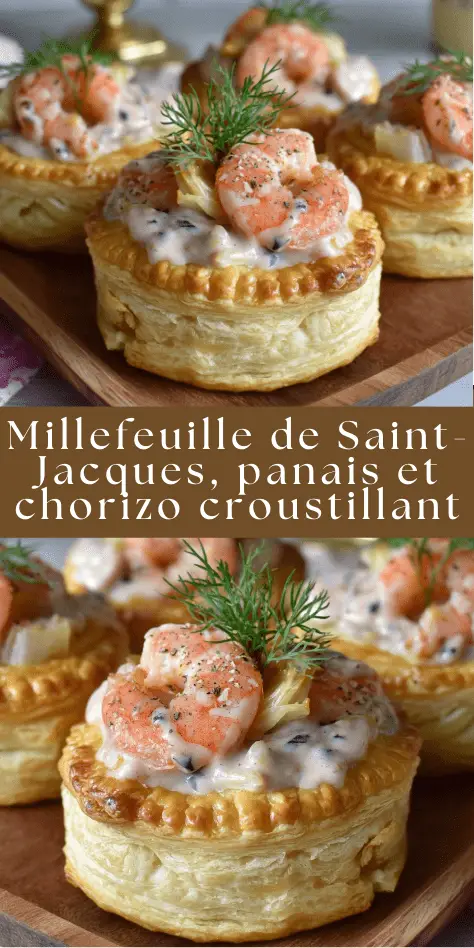 Vol-au-vent feuilleté garni de crevettes roses au fenouil et crème à l’anis, décoré d’aneth frais.