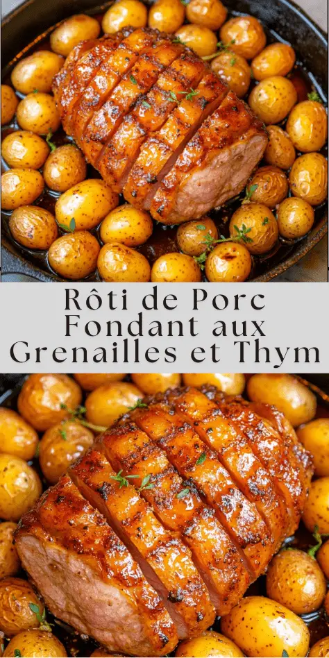 Rôti de porc doré entouré de pommes de terre grenailles au thym dans un plat de cuisson.