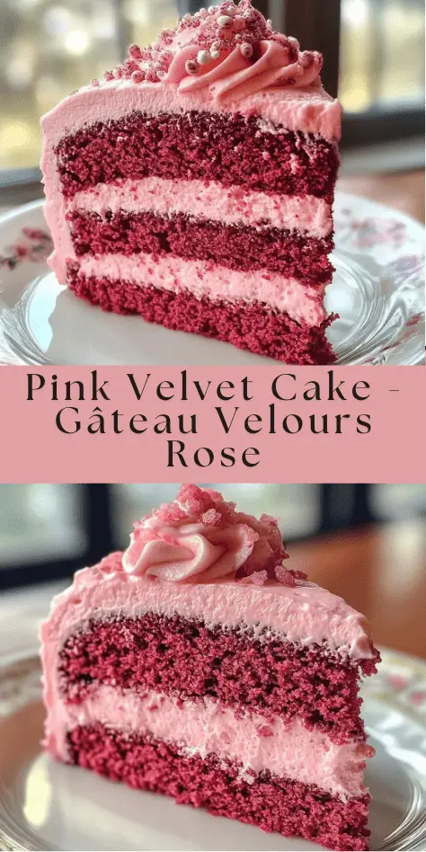 Gâteau velours rose à deux étages avec glaçage au cream cheese et texture moelleuse.