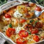Gratin de pommes de terre doré au four avec tomates cerises, mozzarella fondante et herbes de Provence dans un plat à gratin.