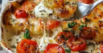 Gratin de pommes de terre doré au four avec tomates cerises, mozzarella fondante et herbes de Provence dans un plat à gratin.