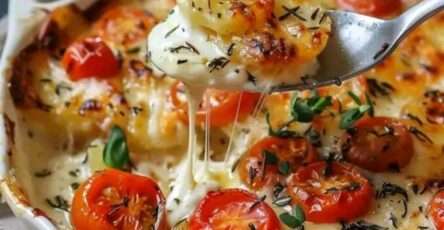 Gratin de pommes de terre doré au four avec tomates cerises, mozzarella fondante et herbes de Provence dans un plat à gratin.