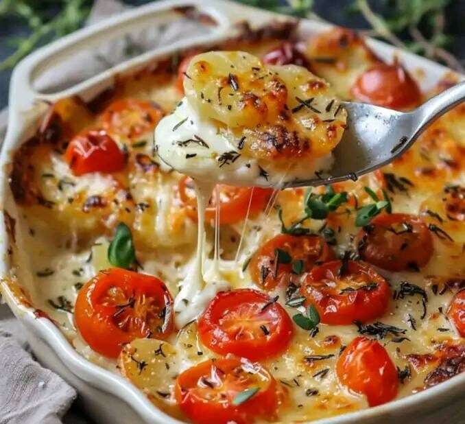 Gratin de pommes de terre doré au four avec tomates cerises, mozzarella fondante et herbes de Provence dans un plat à gratin.