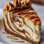 Cheesecake marbré caramel et vanille, texture crémeuse, base biscuitée croustillante et filet de caramel doré sur le dessus.