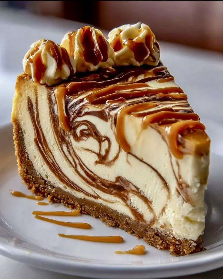 Cheesecake marbré caramel et vanille, texture crémeuse, base biscuitée croustillante et filet de caramel doré sur le dessus.