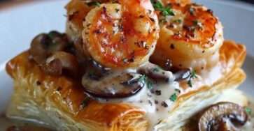 Feuilleté croustillant garni de crevettes et champignons nappés d’une sauce crémeuse au thym et persil.