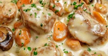 Blanquette de veau crémeuse avec carottes, champignons de Paris et sauce blanche onctueuse servie dans une cocotte.