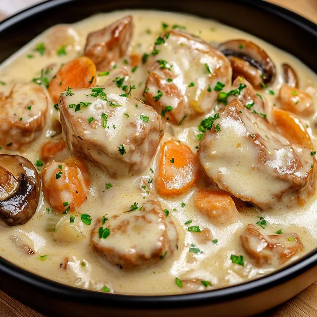 Blanquette de veau crémeuse avec carottes, champignons de Paris et sauce blanche onctueuse servie dans une cocotte.