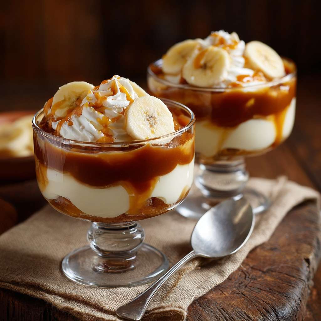 Verrine dessert avec crème mascarpone, rondelles de banane, caramel beurre salé et chantilly.