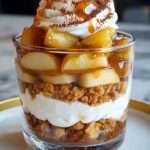 Verrines aux pommes caramélisées, base biscuitée façon crumble, crème fouettée et filet de caramel au beurre salé, décorées de cacao