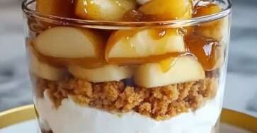 Verrines aux pommes caramélisées, base biscuitée façon crumble, crème fouettée et filet de caramel au beurre salé, décorées de cacao