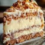 Gâteau aux amandes garni d’un glaçage crémeux à la noix de coco et chocolat blanc, décoré de noix de coco râpée et d’amandes hachées