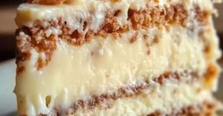 Gâteau aux amandes garni d’un glaçage crémeux à la noix de coco et chocolat blanc, décoré de noix de coco râpée et d’amandes hachées