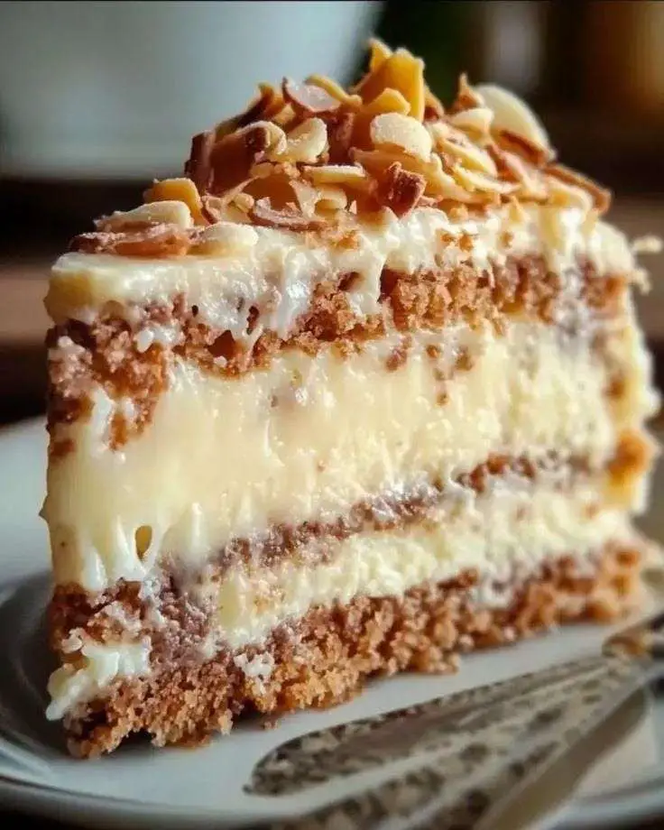 Gâteau aux amandes garni d’un glaçage crémeux à la noix de coco et chocolat blanc, décoré de noix de coco râpée et d’amandes hachées