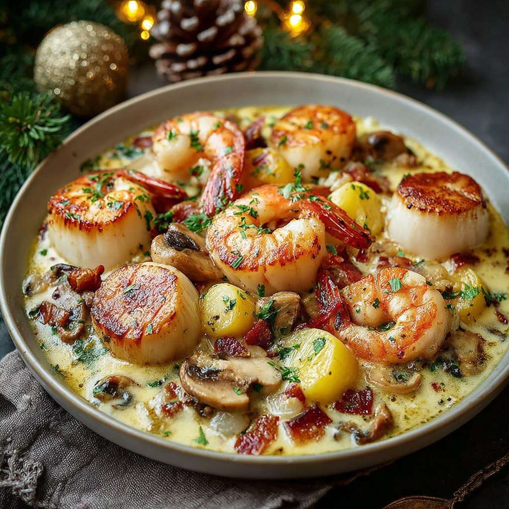 Assiette de Saint-Jacques et crevettes nappées d’une sauce crémeuse aux champignons avec pommes de terre grenailles.