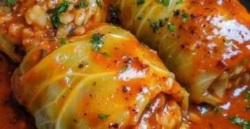 Choux farcis maison mijotés dans une sauce tomate onctueuse, servis chauds dans une cocotte.