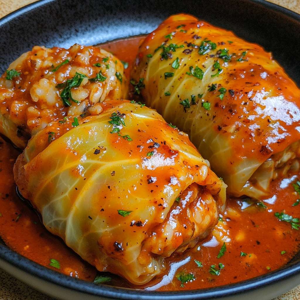 Choux farcis maison mijotés dans une sauce tomate onctueuse, servis chauds dans une cocotte.