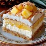 Gâteau au yaourt garni d’ananas et recouvert d’une crème coco onctueuse, décoré de noix de coco râpée.