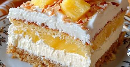 Gâteau au yaourt garni d’ananas et recouvert d’une crème coco onctueuse, décoré de noix de coco râpée.