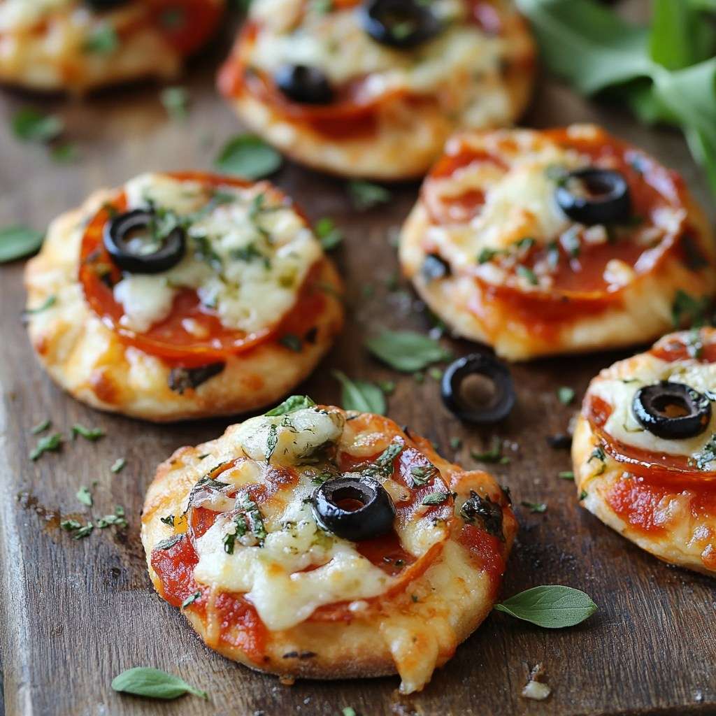 Mini-pizzas apéritives dorées au four, garnies de sauce tomate, mozzarella fondue et tranches de pepperoni avec un peu d’herbes