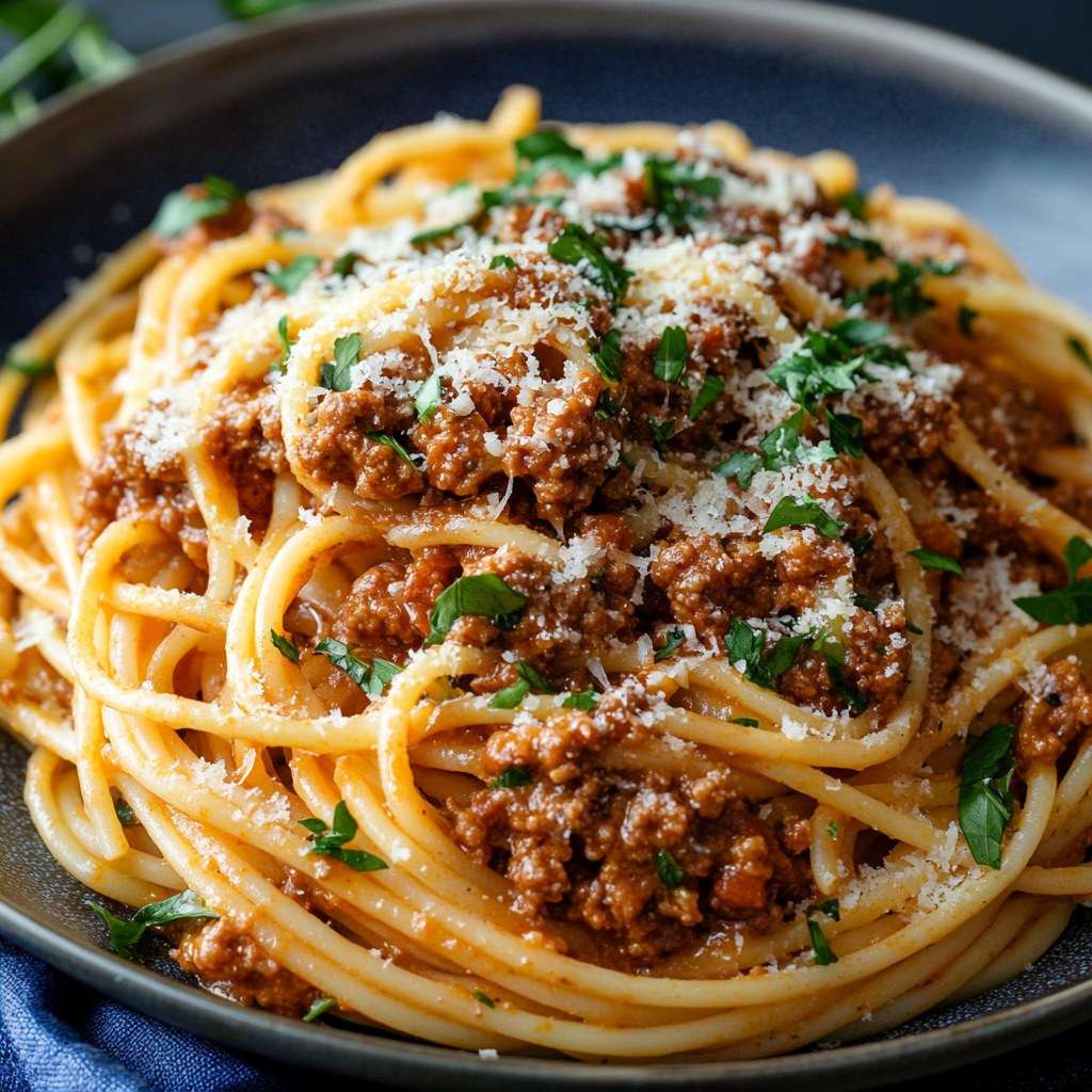 Assiette de spaghetti bolognaise maison nappée de sauce tomate à la viande hachée, garnie de parmesan râpé et de basilic frais