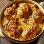 Cuisses de poulet mijotées dans une sauce crémeuse à la moutarde à l’ancienne, servies en cocotte.