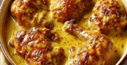 Cuisses de poulet mijotées dans une sauce crémeuse à la moutarde à l’ancienne, servies en cocotte.