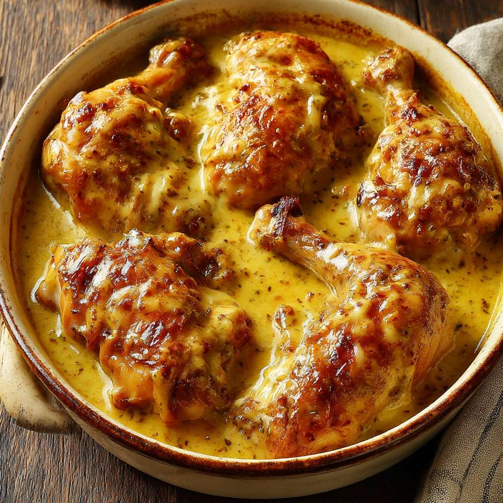 Cuisses de poulet mijotées dans une sauce crémeuse à la moutarde à l’ancienne, servies en cocotte.