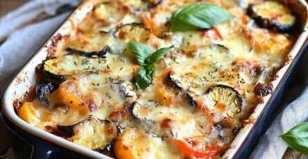 Gratin de légumes au fromage doré au four dans un plat, avec courgettes, carottes et aubergines recouvertes de fromage râpé fondu
