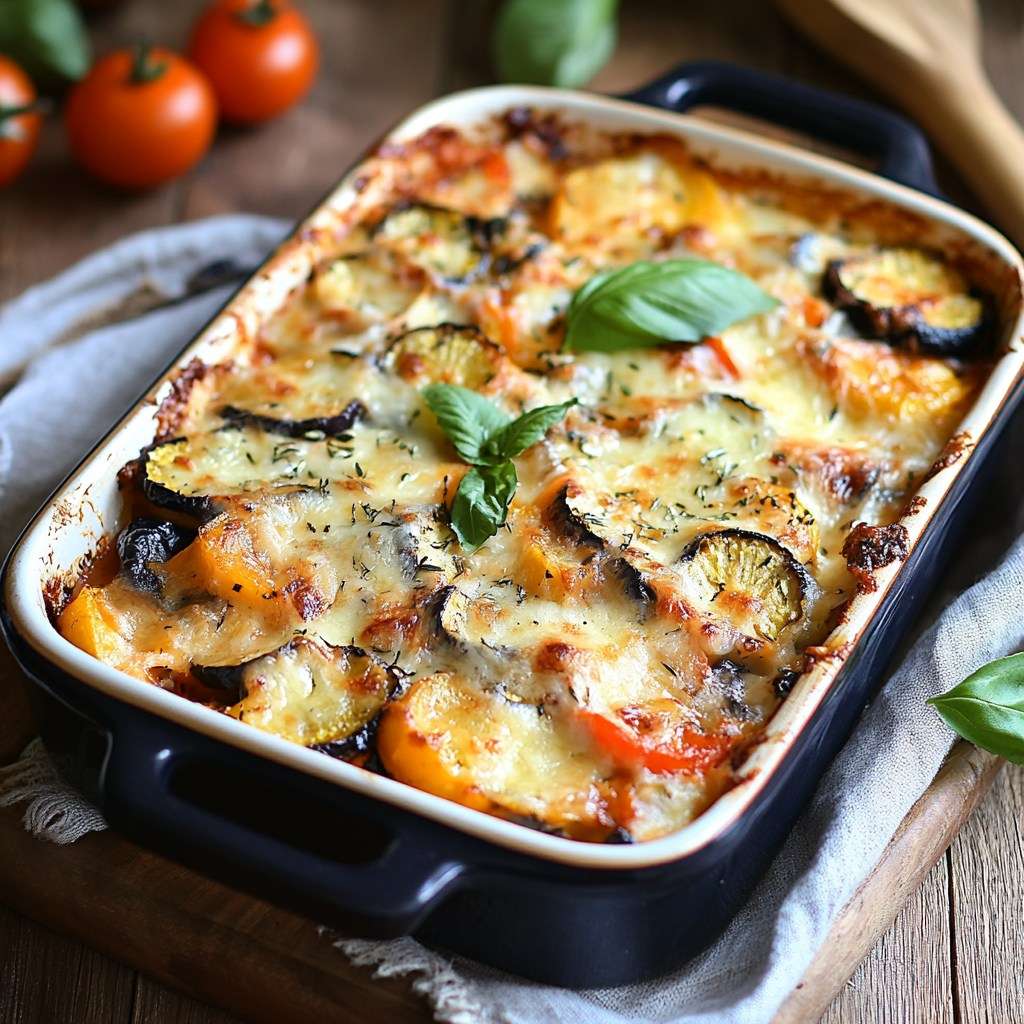 Gratin de légumes au fromage doré au four dans un plat, avec courgettes, carottes et aubergines recouvertes de fromage râpé fondu